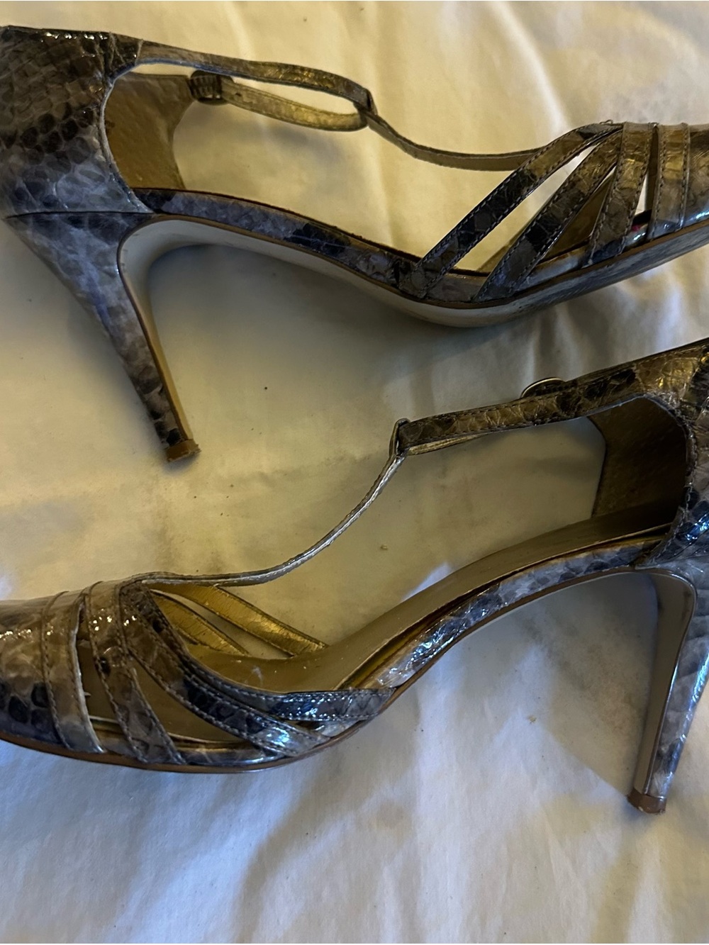 Women’s Taupe Snakeskin T-Strap Heels
